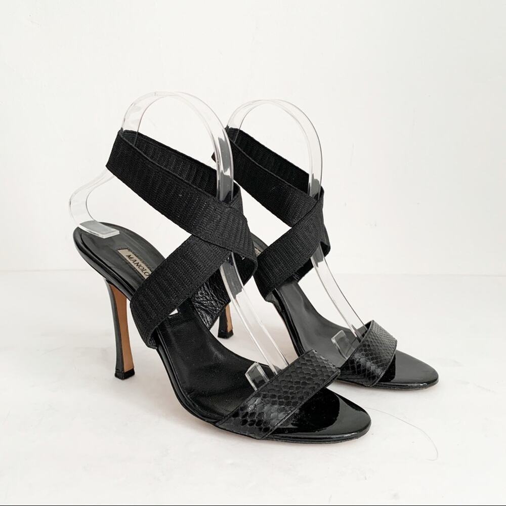Manolo Blahnik Black Stretch Strappy Heels SZ 38.5